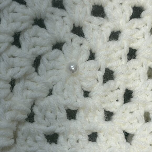 Handmade White Crochet Granny Square Jacket Pearls Cozy Elegant Cardigan Size L - Picture 6 of 6